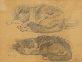 Manner of Théophile Alexandre Steinlen (French, 1859-1923), Studies of sleeping cats, signed and dated 1915, pencil sketch, 17 x 23cm